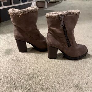 Cozy Tan Heeled Boots with Faux Fur Trim